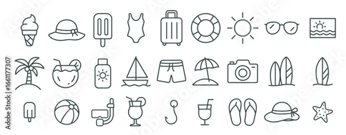 Minimalist summer vacation icons representing travel 