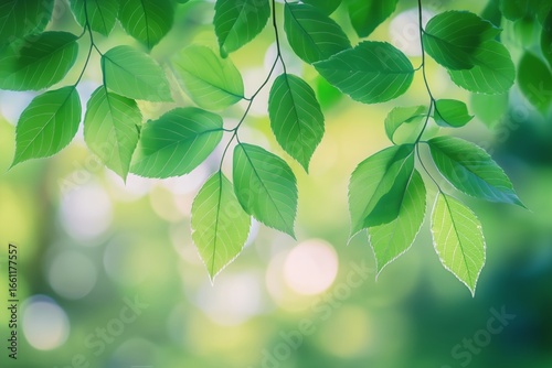Lush Green Leaves Illuminated by Soft Sunlight in a Tranquil Forest Setting.