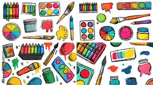 Colorful hand-drawn doodle illustration of art tools including brushes, crayons, paints, and palettes. Perfect for creative education, art classes, and hobby design projects.