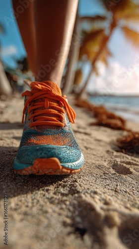 Brightly Colored Sneaker Steps on a Sandy Beach Path Surrounded by Palm Trees