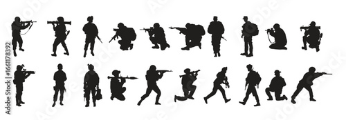 Set armed soldiers silhouette vector illustration