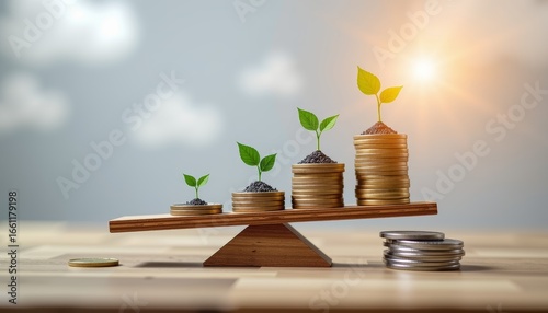 Renewable finance balance scale with growing plants business growth financial concept natural environment optimistic view
