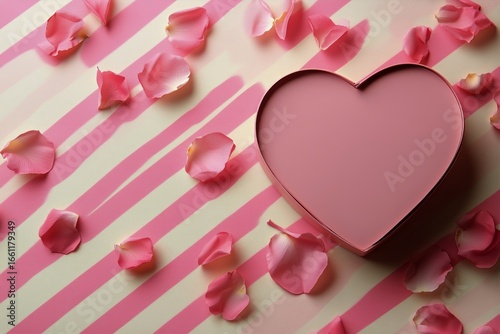 Heart Shaped Box Surrounded by Rose Petals on Pink Striped Background.