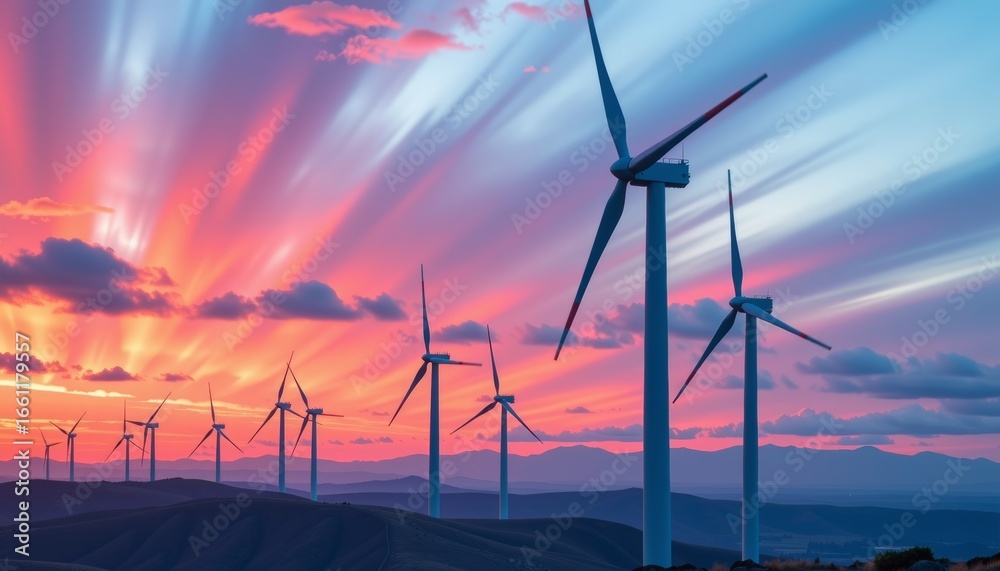Obraz premium Wind turbines at sunset in nature scenic landscape renewable energy concept vibrant sky view