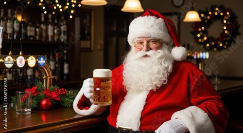 Santa Claus Enjoying a Christmas Beer at a Festive Pub