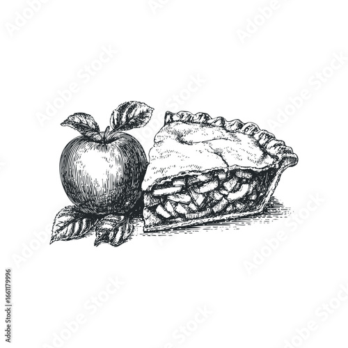 Hand Drawn Apple and Slice of Pie with Leaves