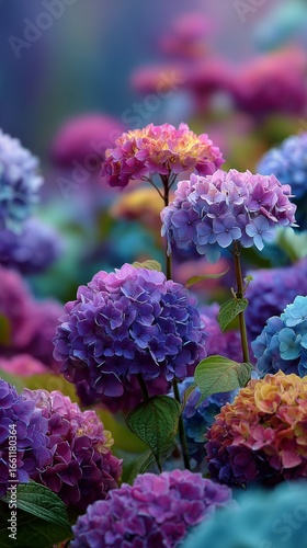 Colorful Hydrangea Flowers Blooming in a Vibrant Garden During Springtime Sun...