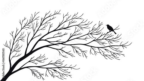 Vector art of a solitary bird perched on a bare tree branch.