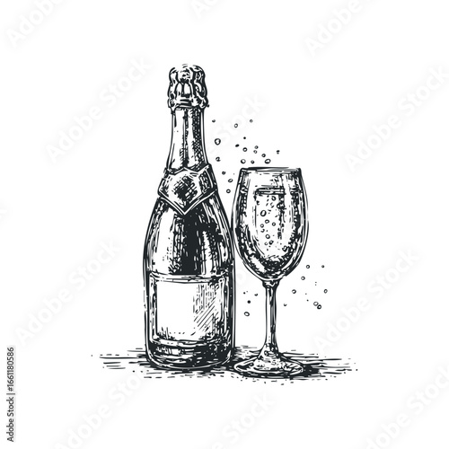 Sketch of champagne bottle and full glass with bubbles and festive atmosphere