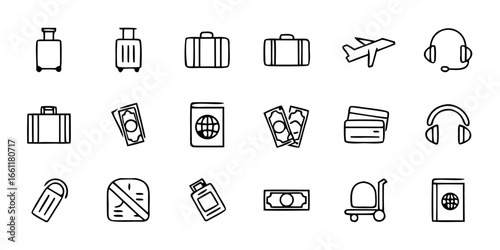 Travel icons set including luggage, money, and airplane illustrations  