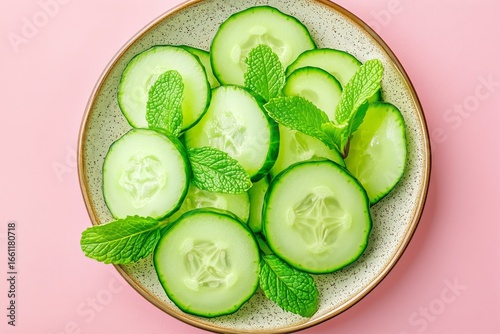 Fresh Cucumber Slices Arranged Beautifully With Mint Leaves on a Pastel Pink ...