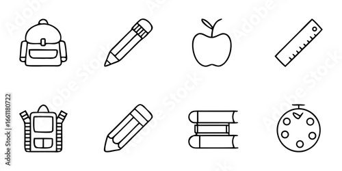 School supplies icons including backpack, pencil, and books  