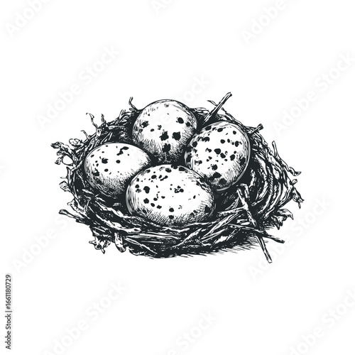 Hand Drawn Bird Nest with Speckled Eggs