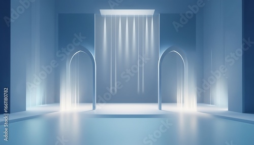 Minimalist 3D Architectural Rendering With Arches And Light Beams