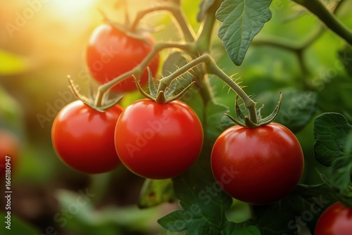 Fresh Red Tomatoes Ripening on the Vine in a Garden During Golden Hour Light