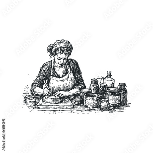 Vintage depiction of a woman wearing an apron and headscarf working diligently with various glass containers