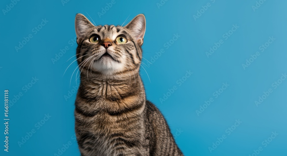 Obraz premium Captivating tabby cat gazes upwards with curiosity against a clean bright blue background in a striking studio portrait