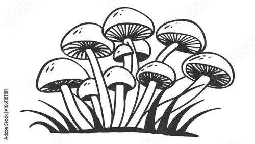Vector art of a cluster of mushrooms with detailed gills and stems, isolated on white background.