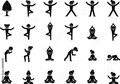 Collection of simple black and white stick figure illustrations depicting various yoga poses and meditation postures for wellness and fitness