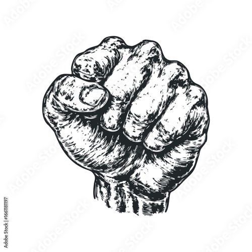 Fist raised in protest or solidarity, black and white linocut style graphic