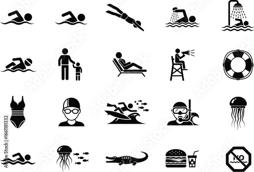 Collection of black and white flat icons representing various swimming and water sports activities and pool safety symbols