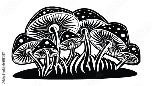 Vector art of a striking black and white illustration of various mushrooms with spotted caps and detailed gills.