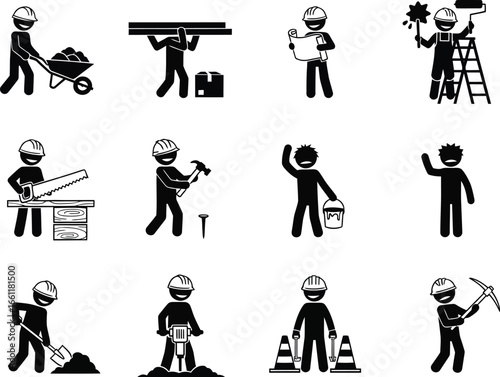stylized stick figure construction workers engaged in various building and labor tasks