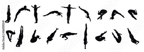 Set of illustrations of women diving on diving boards
