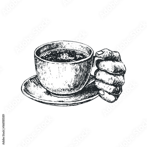Hand holding a steaming cup of coffee with saucer