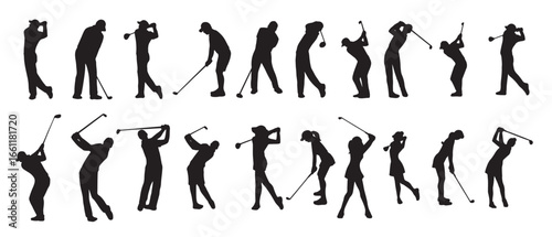 set of silhouettes of man and woman golf. isolated on a transparent background. vector