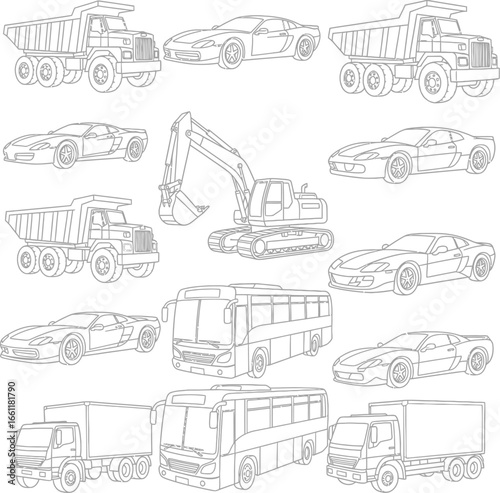 Collection of detailed hand drawn line art illustrations of various construction vehicles and trucks on a white background