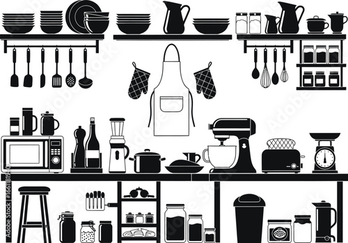 Silhouette of a fully equipped modern kitchen with various appliances utensils and cookware displayed on shelves and countertops