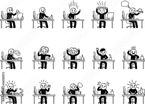 Vintage illustration of 15 cartoon characters representing different professions or roles each standing behind a desk or counter with their title labeled below