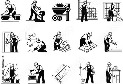 Collection of black and white illustrations depicting various construction and masonry tasks performed by workers in overalls