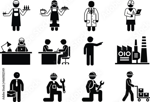 Diverse collection of profession icons representing various occupations and industries in a clean silhouette style