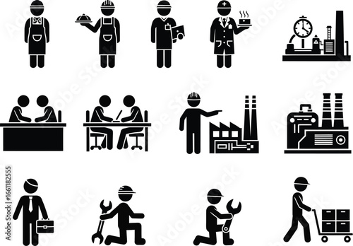 Collection of diverse professional occupation icons representing various industries and skilled labor workers in silhouette style