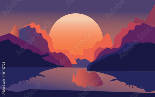 Art & Illustration Sunset over Serene Mountain Lake Landscape Vector art illustrator