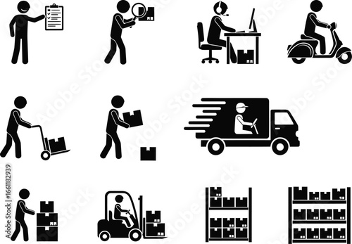Set of icons depicting various aspects of logistics and delivery services including shipping and warehouse operations