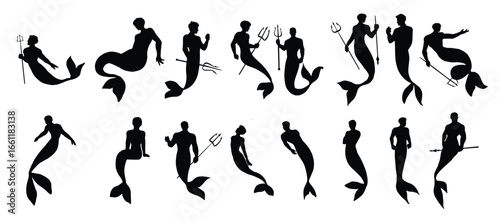 set of silhouette of merman. mermaid man hold trident isolated background.