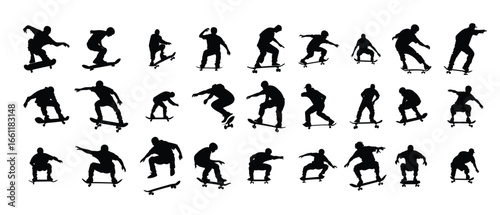 Set of silhouette of skateboard player. isolated on white background.