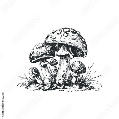Sketch of various toadstools with textured caps and stems in a grassy setting
