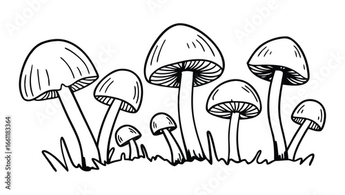 Vector art of a line of assorted mushrooms with clear caps and gills, depicted growing from the ground with simple grass elements.