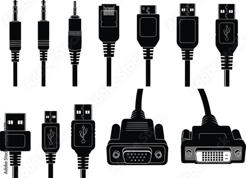 Collection of various electronic cable connectors and plugs in silhouette against a white background for technology and connectivity concepts