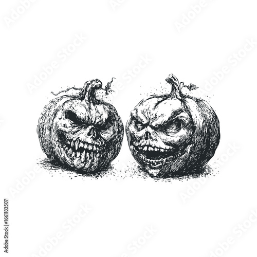 Two terrifying carved pumpkins with fierce expressions in a scratchboard style