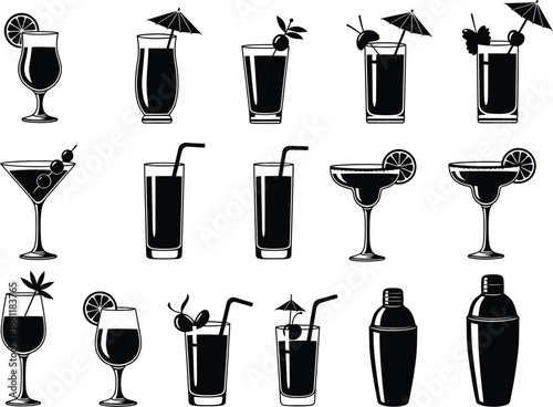 Collection of various alcoholic and non alcoholic cocktail drinks in different glassware with garnishes and umbrellas isolated on white background