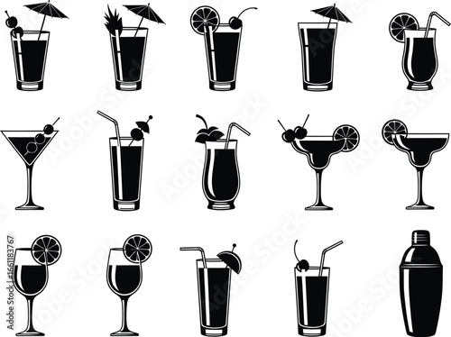 Collection of stylized black and white silhouettes of various refreshing alcoholic and non alcoholic cocktails in different glasses with garnishes