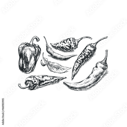 Sketch of assorted chili peppers and one bell pepper