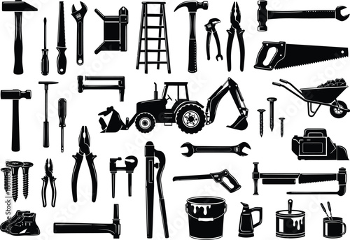 Collection of construction and diy tools including hammers wrenches screwdrivers ladders and a tractor in a silhouette style on a white background