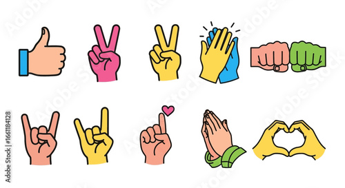 Diverse hand gestures expressing approval, peace, love, and unity for social media designs