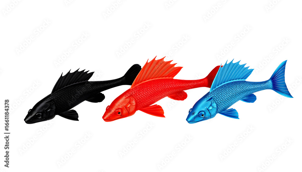 Fototapeta premium Three Colorful Koi Fish Floating Across Transparent Backdrop